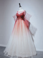 Burgundy Tulle Off Shoulder Beads Long Formal Prom Dresses, Burgundy Evening Dresses