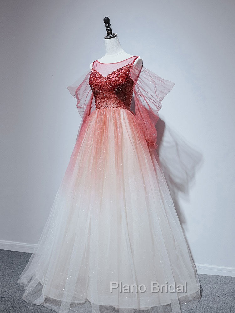 Burgundy Tulle Off Shoulder Beads Long Formal Prom Dresses, Burgundy Evening Dresses