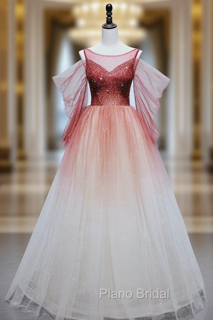 Burgundy Tulle Off Shoulder Beads Long Formal Prom Dresses, Burgundy Evening Dresses Main image