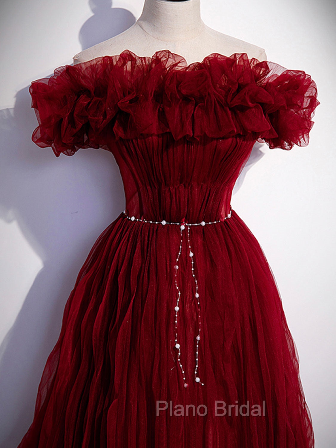 Burgundy Tulle Off Shoulder Long Formal Prom Dresses, Burgundy Evening Dresses Secondary image