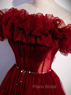 Burgundy Tulle Off Shoulder Long Formal Prom Dresses, Burgundy Evening Dresses