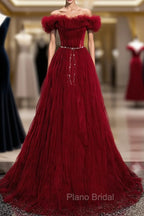 Burgundy Tulle Off Shoulder Long Formal Prom Dresses, Burgundy Evening Dresses