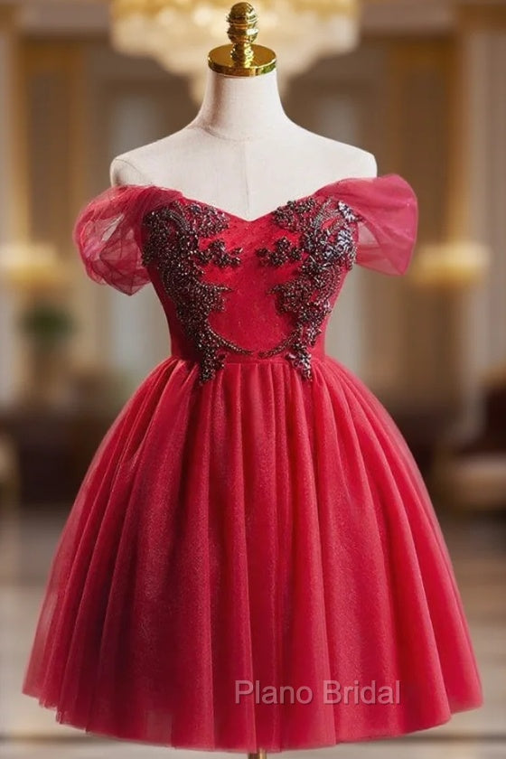 Burgundy Tulle Off the Shoulder Beading Homecoming Dresses Main image