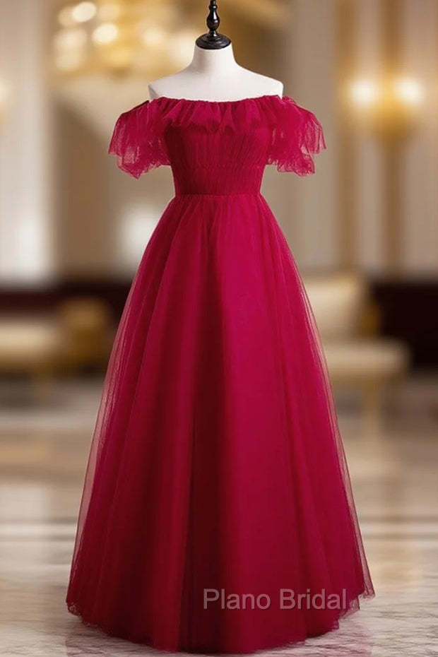 Burgundy Tulle Off the Shoulder Pleats Formal Prom Dresses
