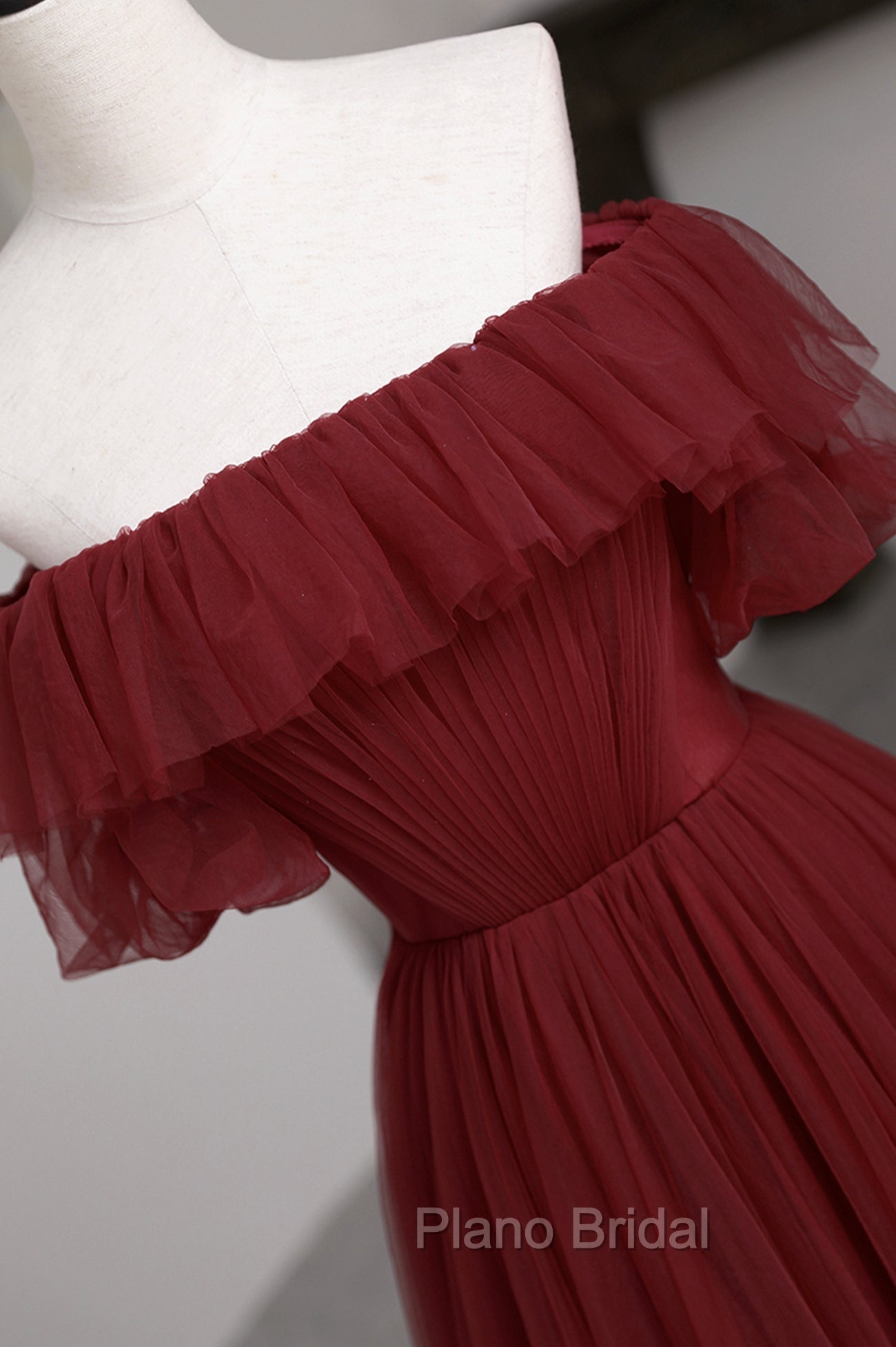 Burgundy Tulle Off the Shoulder Formal Prom Dresses, Long A-Line Evening Dresses Secondary image