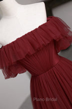 Burgundy Tulle Off the Shoulder Formal Prom Dresses, Long A-Line Evening Dresses