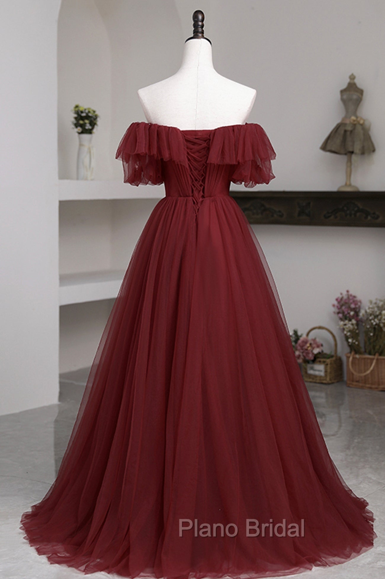 Burgundy Tulle Off the Shoulder Formal Prom Dresses, Long A-Line Evening Dresses