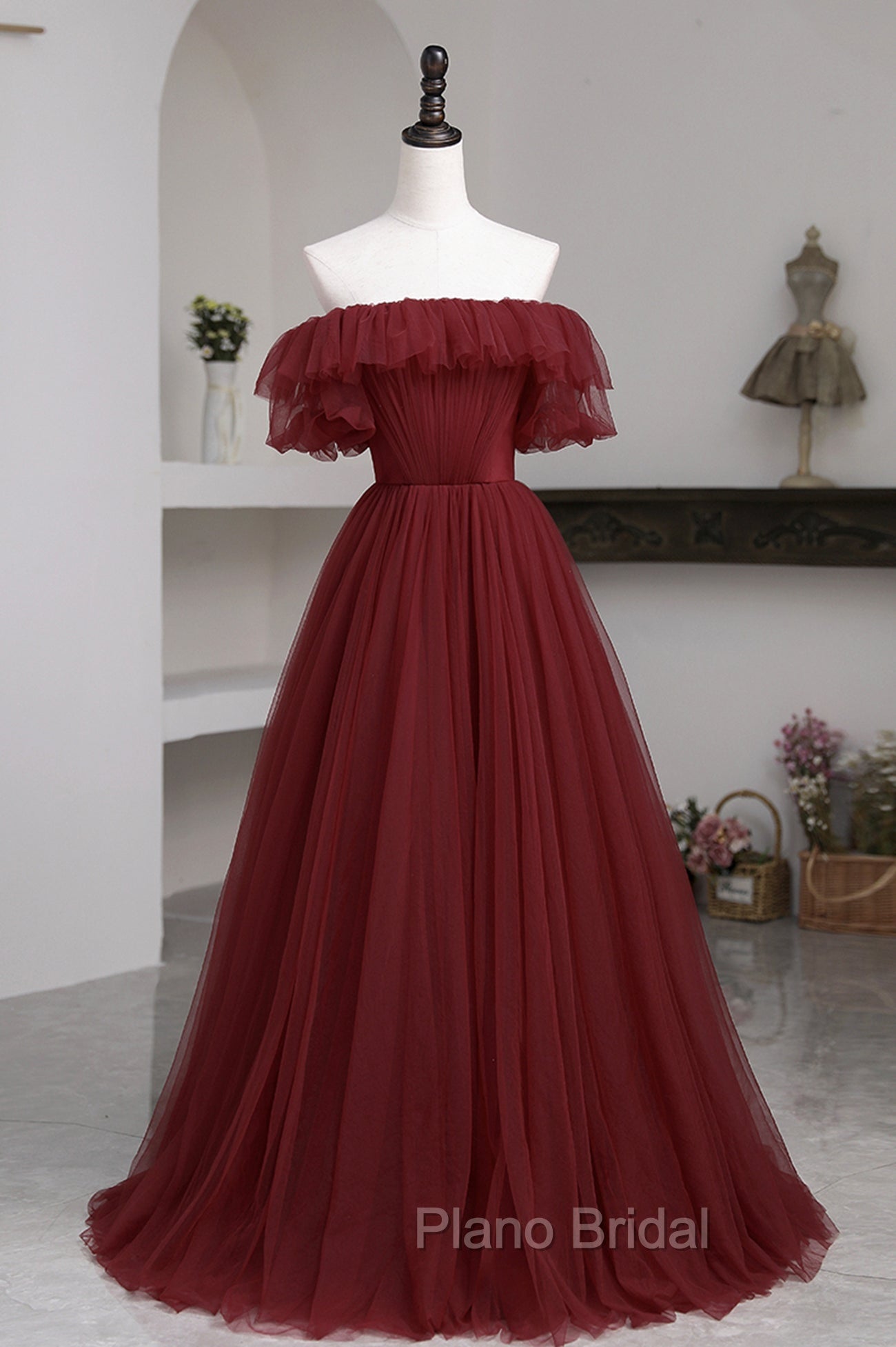 Burgundy Tulle Off the Shoulder Formal Prom Dresses, Long A-Line Evening Dresses Main image