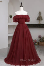 Burgundy Tulle Off the Shoulder Formal Prom Dresses, Long A-Line Evening Dresses
