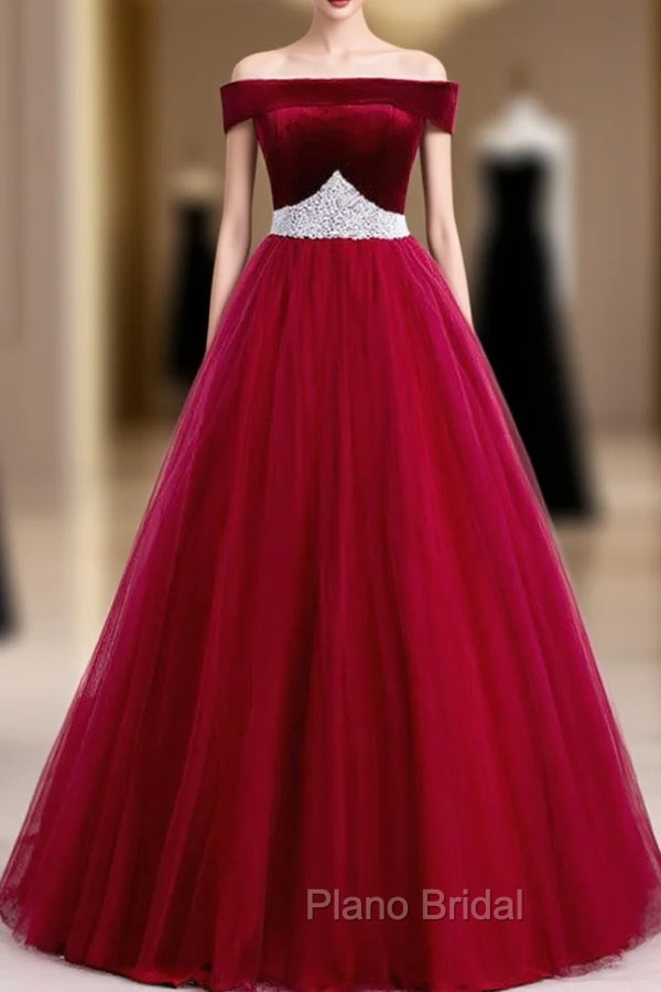 Burgundy Tulle Off the Shoulder Formal Prom Dresses With Pearls 2020