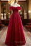 Burgundy Tulle Off the Shoulder Sequins Beading Formal Prom Dresses