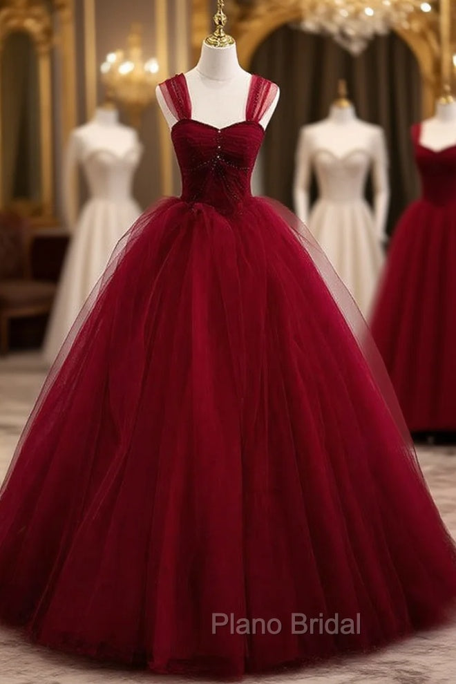 Burgundy Tulle Pleats Besing Sequins Formal Prom Dresses
