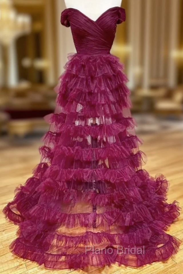 Burgundy Tulle Pleats Off the Shoulder Formal Prom Dresses Main image