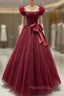 Burgundy Tulle Pleats Formal Prom Dresses