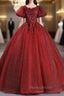 Burgundy Tulle Puff Sleeve Appliques Beadng Quinceanera Dresses