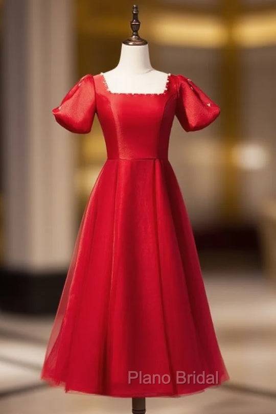 Burgundy Tulle Puff Sleeve Backless Pearls Formal Prom Dresses Main image