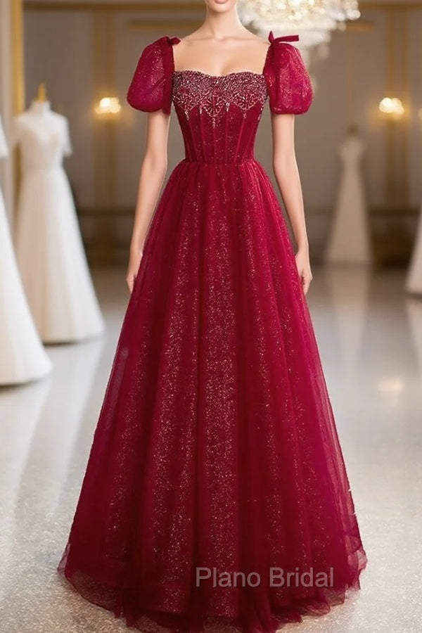 Burgundy Tulle Puff Sleeve Beading Formal Prom Dresses