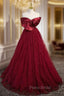 Burgundy Tulle Satin Off the Shoulder Formal Prom Dresses