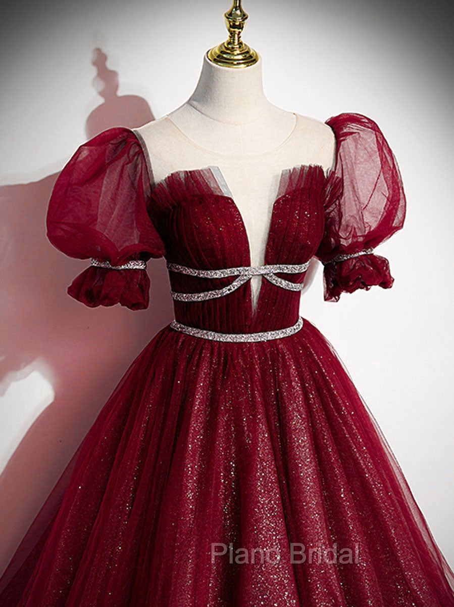 Burgundy Tulle Sequin Long Formal Prom Dresses, Burgundy Formal Evening Dresses Secondary image