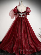 Burgundy Tulle Sequin Long Formal Prom Dresses, Burgundy Formal Evening Dresses