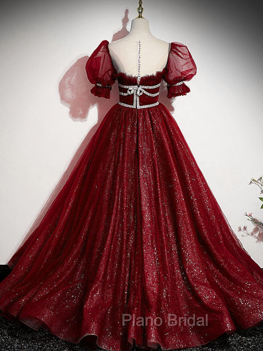 Burgundy Tulle Sequin Long Formal Prom Dresses, Burgundy Formal Evening Dresses