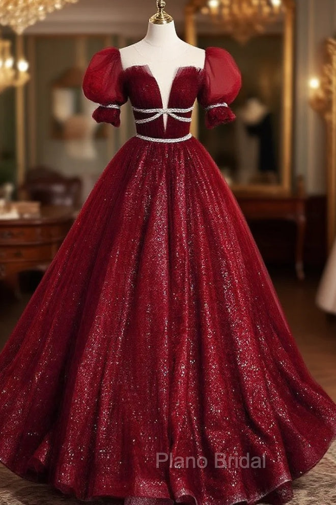 Burgundy Tulle Sequin Long Formal Prom Dresses, Burgundy Formal Evening Dresses