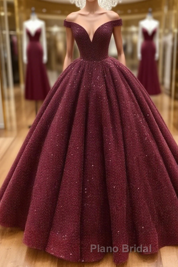 Burgundy tulle sequin long Formal Prom dress, burgundy long evening dress Main image