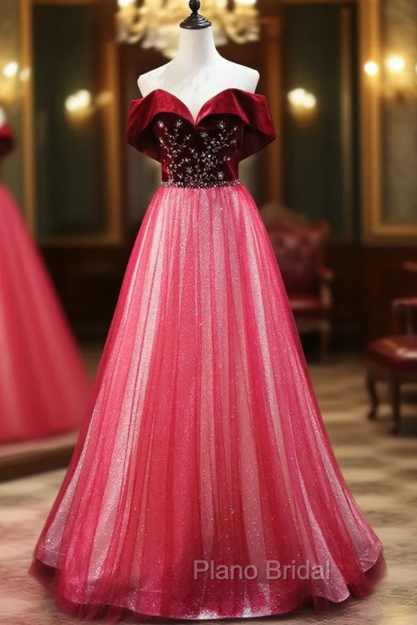 Burgundy Tulle Sequins Bead Off the Shoulder Formal Prom Dresses Main image