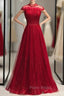 Burgundy Tulle Sequins High Neck Cap Sleeve Formal Prom Dresses
