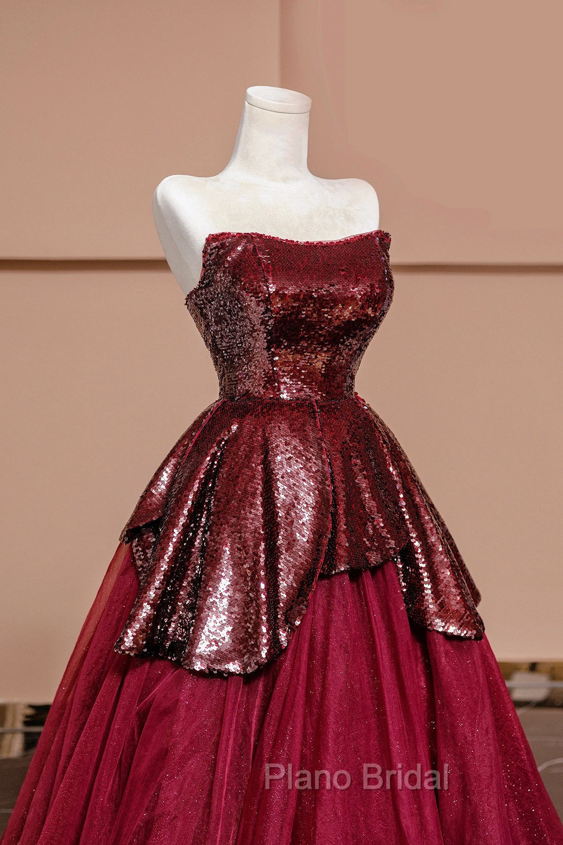 Burgundy Tulle Sequins Long Formal Prom Dresses, A-Line Strapless Evening Party Dresses Secondary image
