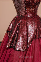 Burgundy Tulle Sequins Long Formal Prom Dresses, A-Line Strapless Evening Party Dresses