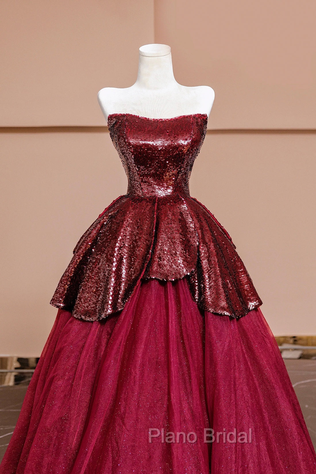 Burgundy Tulle Sequins Long Formal Prom Dresses, A-Line Strapless Evening Party Dresses