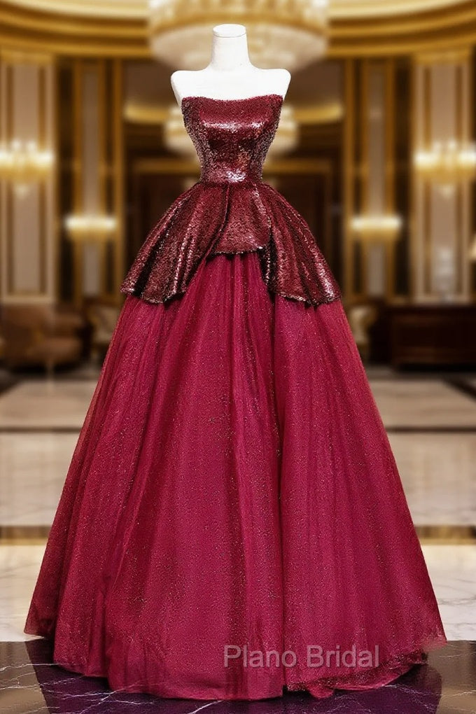 Burgundy Tulle Sequins Long Formal Prom Dresses, A-Line Strapless Evening Party Dresses Main image
