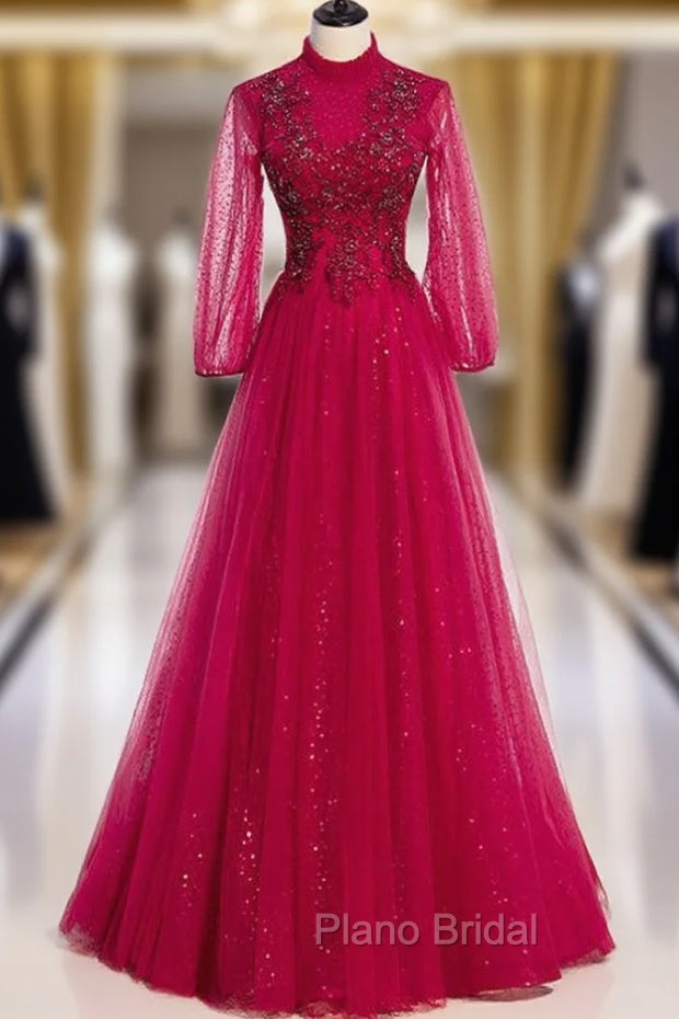 Burgundy Tulle Sequins Long Sleeve High Neck Beading Formal Prom Dresses Main image