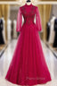 Burgundy Tulle Sequins Long Sleeve High Neck Beading Formal Prom Dresses