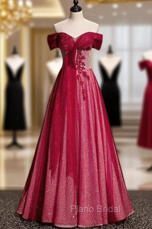 Burgundy Tulle Sequins Off the Shoulder Beading Pleats Formal Prom Dresses Main image