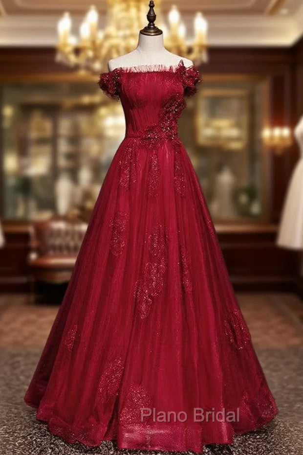 Burgundy Tulle Sequins Off the Shoulder Pleats Formal Prom Dresses Main image