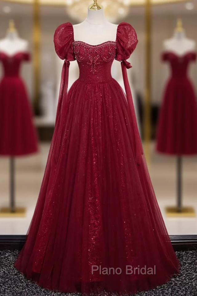 Burgundy Tulle Sequins Puff Sleeve Beading Formal Prom Dresses
