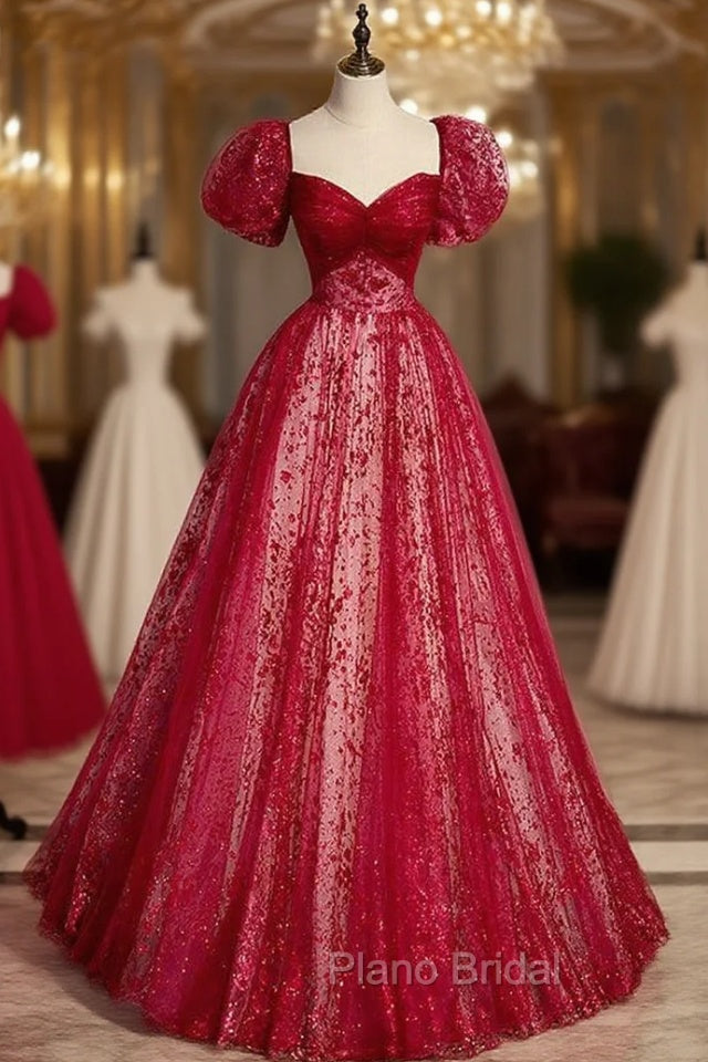 Burgundy Tulle Sequins Puff Sleeve Formal Prom Dresses
