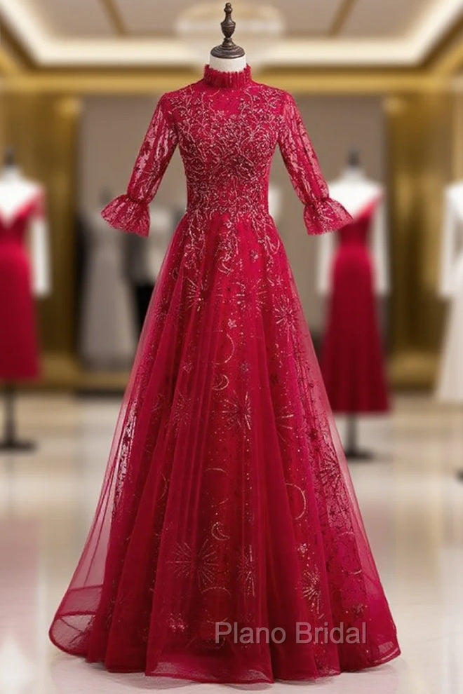 Burgundy Tulle Sequins Short Sleeve Beading Formal Prom Dresses