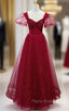 Burgundy Tulle Sequins Square Beading Formal Prom Dresses