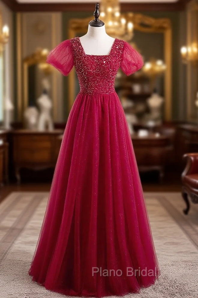 Burgundy Tulle Sequins Square Short Sleeve Formal Prom Dresses Main image