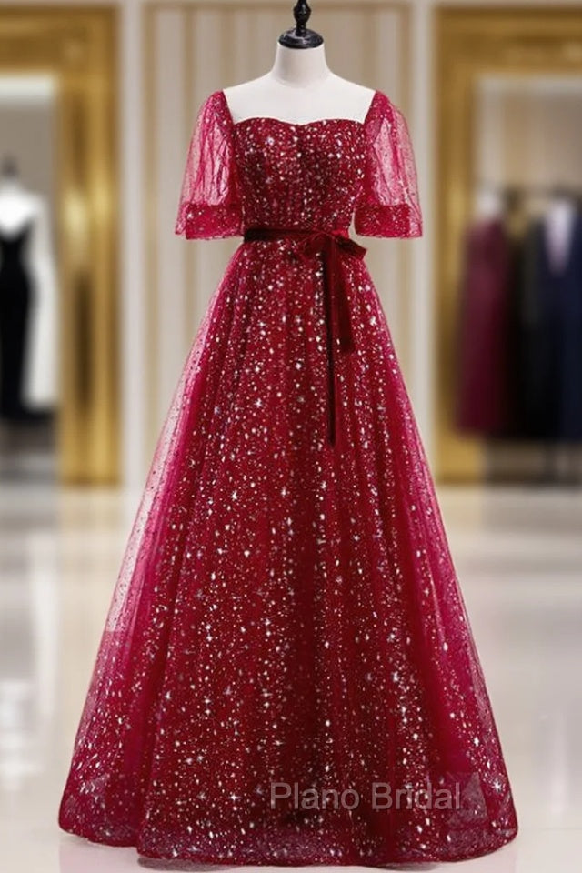 Burgundy Tulle Sequins Square Short Sleeve Formal Prom Dresses Main image