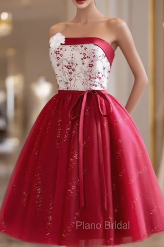 Burgundy Tulle Sequins Strapless Homecoming Dresses