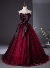 Burgundy Tulle Sequins Strapless Pleats Prom Dress