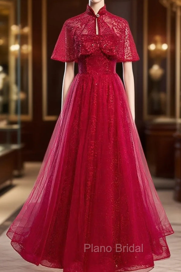 Burgundy Tulle Sequins Strapless Formal Prom Dresses With Shawl