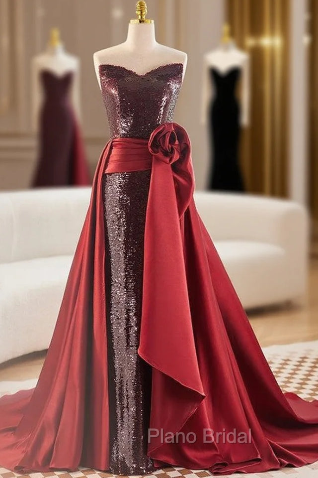 Burgundy Tulle Sequins Strapless Formal Prom Dresses