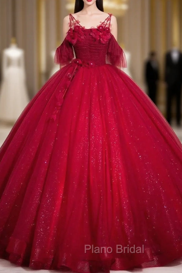 Burgundy Tulle Sequins Straps Flower Quinceanera Dresses