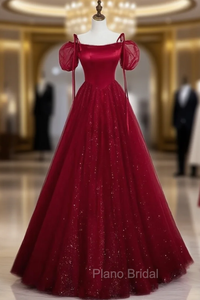 Burgundy Tulle Sequins Straps Puff Sleeve Formal Prom Dresses Main image