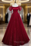 Burgundy Tulle Sequins Straps Puff Sleeve Formal Prom Dresses